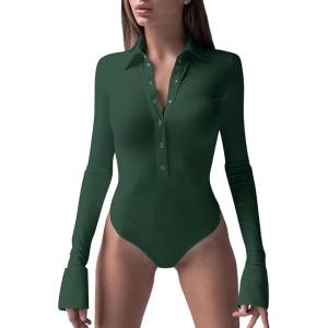imageLYANER Womens Collar Neck Button Down Long Sleeve Slim Bodysuit Leotard TopsDark Green