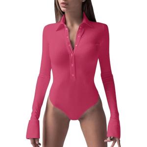 imageLYANER Womens Collar Neck Button Down Long Sleeve Slim Bodysuit Leotard TopsRose