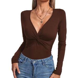 imageLYANER Womens Deep V Neck Twist Front Long Sleeve Tiny Leotard Bodysuit Tops Dark Brown Small