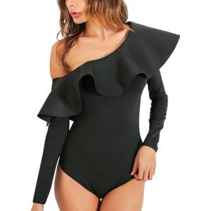 imageLYANER Womens Elegant Ruffled One Shoulder Long Sleeve Bodysuit Leotard TopBlack