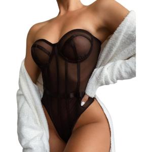 imageLYANER Womens Off Shoulder Backless Sleeveless Leotard Mesh Bodysuit TopsBlack