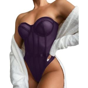 imageLYANER Womens Off Shoulder Backless Sleeveless Leotard Mesh Bodysuit TopsDark Purple