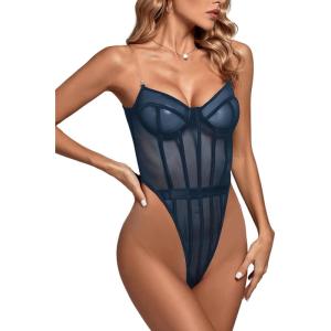 imageLYANER Womens Off Shoulder Backless Sleeveless Leotard Mesh Bodysuit TopsLake Blue