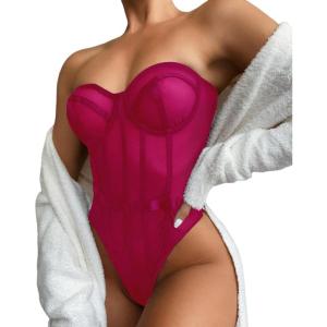 imageLYANER Womens Off Shoulder Backless Sleeveless Leotard Mesh Bodysuit TopsRose