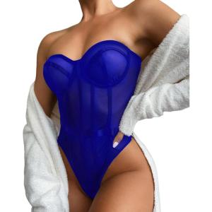 imageLYANER Womens Off Shoulder Backless Sleeveless Leotard Mesh Bodysuit TopsRoyal Blue