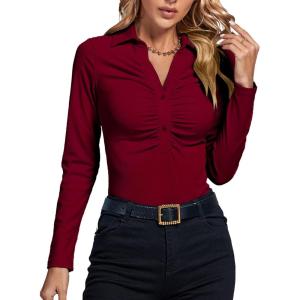 imageLYANER Womens Rib Knit Collar Deep V Neck Ruched Buttons Long Sleeve Bodysuit Leotard TopBurgundy