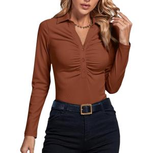 imageLYANER Womens Rib Knit Collar Deep V Neck Ruched Buttons Long Sleeve Bodysuit Leotard TopBurnt Orange