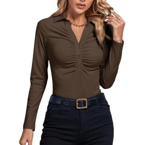 imageLYANER Womens Rib Knit Collar Deep V Neck Ruched Buttons Long Sleeve Bodysuit Leotard TopDark Brown
