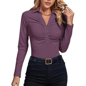 imageLYANER Womens Rib Knit Collar Deep V Neck Ruched Buttons Long Sleeve Bodysuit Leotard TopDeep Purple