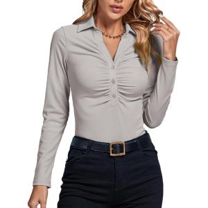 imageLYANER Womens Rib Knit Collar Deep V Neck Ruched Buttons Long Sleeve Bodysuit Leotard TopGrey
