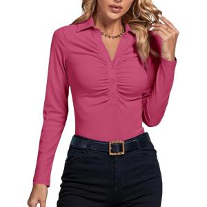 imageLYANER Womens Rib Knit Collar Deep V Neck Ruched Buttons Long Sleeve Bodysuit Leotard TopHot Pink