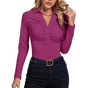 imageLYANER Womens Rib Knit Collar Deep V Neck Ruched Buttons Long Sleeve Bodysuit Leotard TopRose