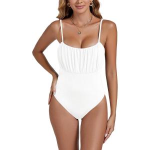 imageLYANER Womens Sexy Square Neck Sleeveless Ruched Bust Backless Going Out Tank Bodysuit TopsWhite