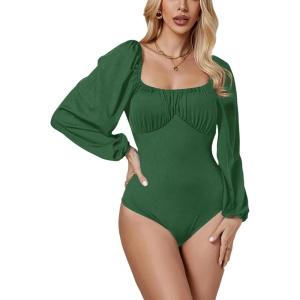 imageLYANER Womens Square Neck Lantern Long Sleeve Ribbed Bodycon Tops Bodysuit JumpsuitGreen