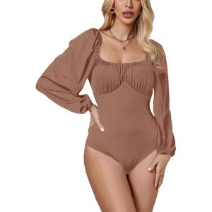 imageLYANER Womens Square Neck Lantern Long Sleeve Ribbed Bodycon Tops Bodysuit JumpsuitLight Brown
