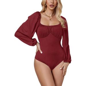imageLYANER Womens Square Neck Lantern Long Sleeve Ribbed Bodycon Tops Bodysuit JumpsuitWine Red