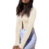 imageLYANER Womens Collar Button Down Ruched Long Sleeve Fitted Crop Tee Shirt TopBeige
