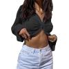 imageLYANER Womens Collar Button Down Ruched Long Sleeve Fitted Crop Tee Shirt TopBlack