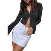 imageLYANER Womens Collar Button Down Ruched Long Sleeve Fitted Crop Tee Shirt TopBlack