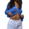 imageLYANER Womens Collar Button Down Ruched Long Sleeve Fitted Crop Tee Shirt TopBlue