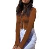 imageLYANER Womens Collar Button Down Ruched Long Sleeve Fitted Crop Tee Shirt TopBrown