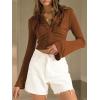 imageLYANER Womens Collar Button Down Ruched Long Sleeve Fitted Crop Tee Shirt TopBrown