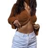 imageLYANER Womens Collar Button Down Ruched Long Sleeve Fitted Crop Tee Shirt TopBrown