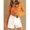 imageLYANER Womens Collar Button Down Ruched Long Sleeve Fitted Crop Tee Shirt TopOrange