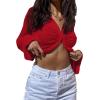 imageLYANER Womens Collar Button Down Ruched Long Sleeve Fitted Crop Tee Shirt TopRed