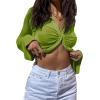 imageLYANER Womens Collar Button Down Ruched Long Sleeve Fitted Crop Tee Shirt TopSage Green