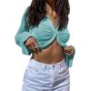 imageLYANER Womens Collar Button Down Ruched Long Sleeve Fitted Crop Tee Shirt TopSky Blue
