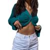 imageLYANER Womens Collar Button Down Ruched Long Sleeve Fitted Crop Tee Shirt TopTeal Blue
