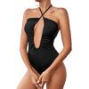 imageLYANER Womens Cutout Criss Cross Halter Tie Neck Sleeveless Leotard Bodysuit TopBlack