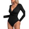 imageLYANER Womens Deep V Neck Twist Front Long Sleeve Tiny Leotard Bodysuit TopsSolid Black
