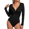imageLYANER Womens Deep V Neck Twist Front Long Sleeve Tiny Leotard Bodysuit TopsSolid Black
