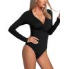 imageLYANER Womens Deep V Neck Twist Front Long Sleeve Tiny Leotard Bodysuit TopsSolid Black