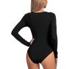 imageLYANER Womens Deep V Neck Twist Front Long Sleeve Tiny Leotard Bodysuit TopsSolid Black