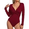 imageLYANER Womens Deep V Neck Twist Front Long Sleeve Tiny Leotard Bodysuit TopsWine Red