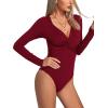 imageLYANER Womens Deep V Neck Twist Front Long Sleeve Tiny Leotard Bodysuit TopsWine Red