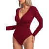 imageLYANER Womens Deep V Neck Twist Front Long Sleeve Tiny Leotard Bodysuit TopsWine Red
