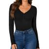 imageLYANER Womens Henley Shirts Long Sleeve Bodysuit V Neck Button Down Body Suit Leotard TopsBlack