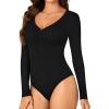 imageLYANER Womens Henley Shirts Long Sleeve Bodysuit V Neck Button Down Body Suit Leotard TopsBlack