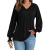imageLYANER Womens Long Sleeve Tops V Neck Ruffle Lantern Sleeve Casual Loose Blouse Tunic Shirts TopBlack