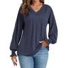 imageLYANER Womens Long Sleeve Tops V Neck Ruffle Lantern Sleeve Casual Loose Blouse Tunic Shirts TopDusty Blue