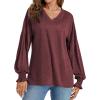 imageLYANER Womens Long Sleeve Tops V Neck Ruffle Lantern Sleeve Casual Loose Blouse Tunic Shirts TopWine Red