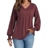 imageLYANER Womens Long Sleeve Tops V Neck Ruffle Lantern Sleeve Casual Loose Blouse Tunic Shirts TopWine Red