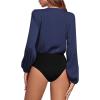 imageLYANER Womens Rib Knit Wraped V Neck Puff Long Sleeve Bodysuit Leotard Top