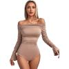 imageLYANER Womens Ruched Off Shoulder Flounce Long Sleeve Skinny Leotard Bodysuit TopsMocha