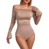 imageLYANER Womens Ruched Off Shoulder Flounce Long Sleeve Skinny Leotard Bodysuit TopsMocha