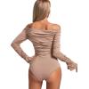 imageLYANER Womens Ruched Off Shoulder Flounce Long Sleeve Skinny Leotard Bodysuit TopsMocha